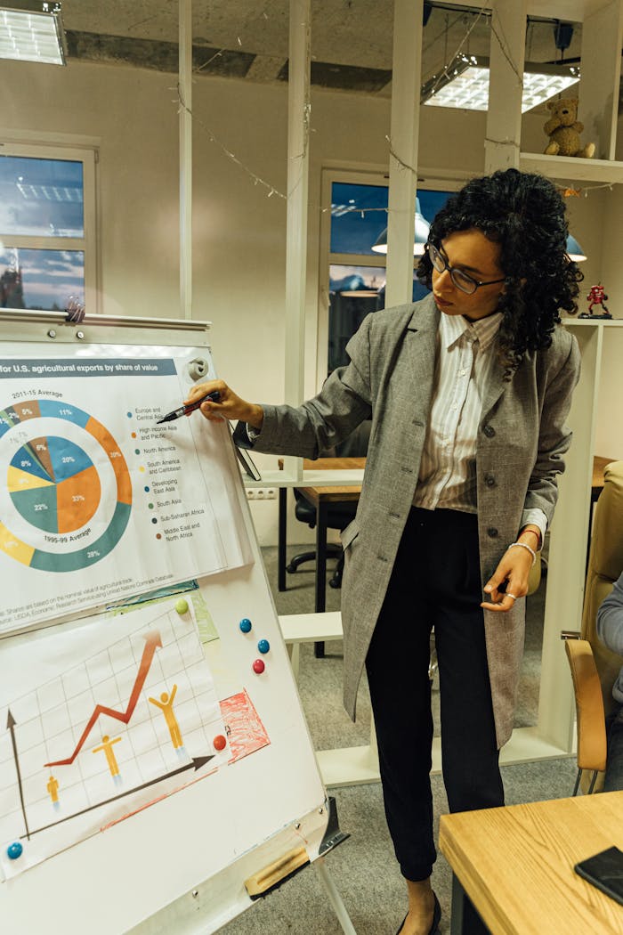 Professional woman presenting data on flip chart in modern office environment.